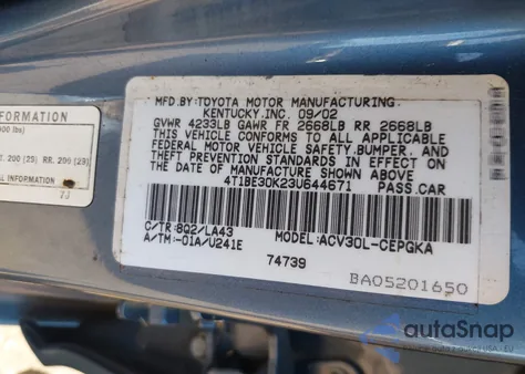 2003 Toyota Camry Xle from USA, damaged, VIN 4T1BE30K23U644671